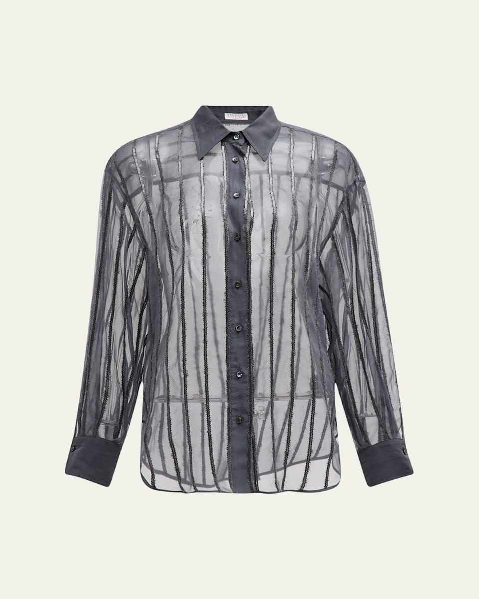 Sequin Wool Striped Crispy Silk Boyfriend Shirt